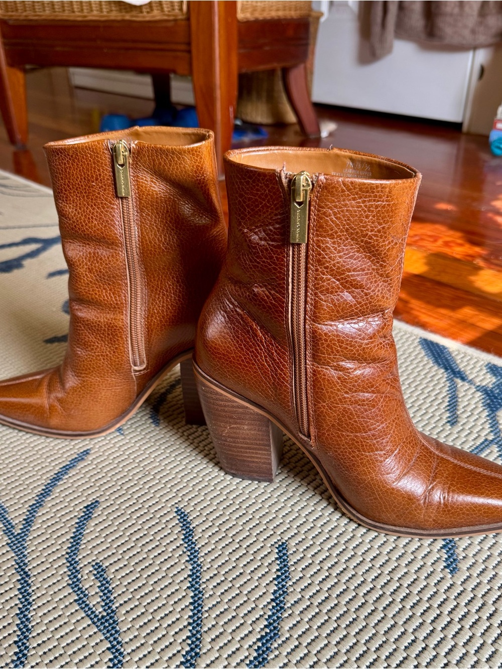 Vince Camuto Brown Leather Pointed Toe Stacked Heeled Boots - Picture 3 of 7